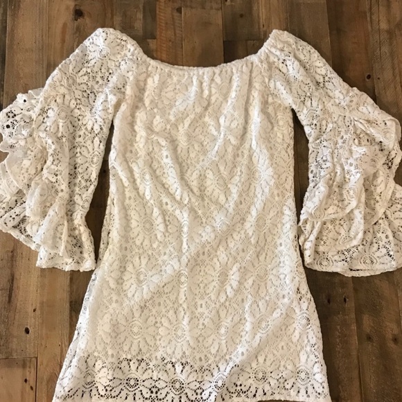 Jen's Pirate Booty Mini Dress French Lace Bardot Natural Size Medium - Picture 12 of 16